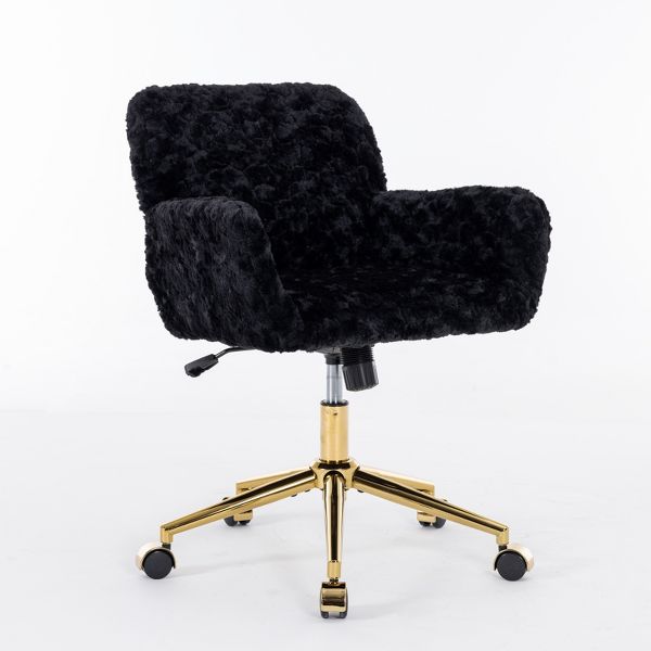 Adjustable Faux Fur Office Chair with Gold Base, Swivel Upholstered Desk Chair with Armrests, Black