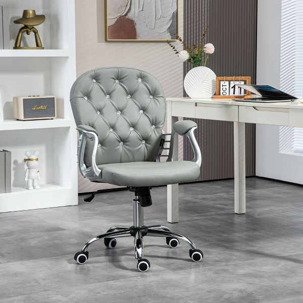 Vinsetto Vanity PU Leather Mid Back Office Chair Swivel Tufted Backrest Task Chair with Padded Armrests, Adjustable Height, Rolling Wheels, Black