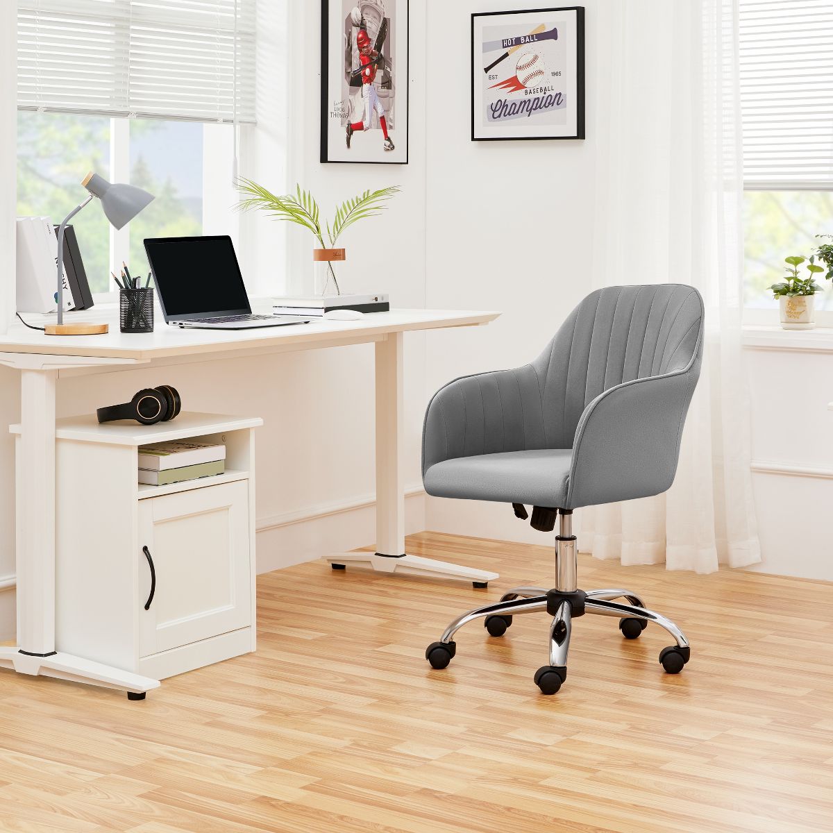 Yaheetech Modern Faux Leather Desk Chair, 360° Swivel Height Adjustable Upholstered Computer Chair for Home Office Study, Dark Gray