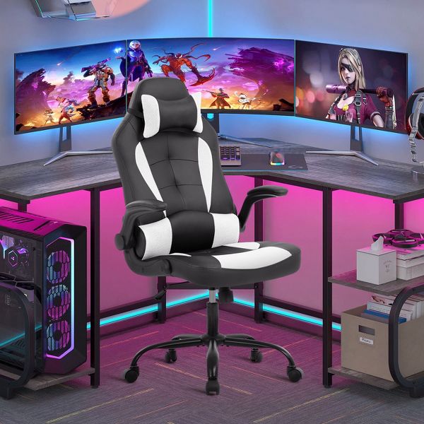 FDW PC Gaming Chair Office Chair Desk Chair with Lumbar Support Flip Up Arms Headrest, Black