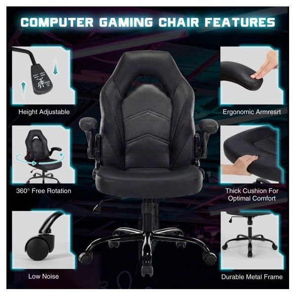 JIONJOY Ultimate Gaming Chair: Ergonomic, PU Leather, Executive Desk Chair with Flip-up Armrests | Black