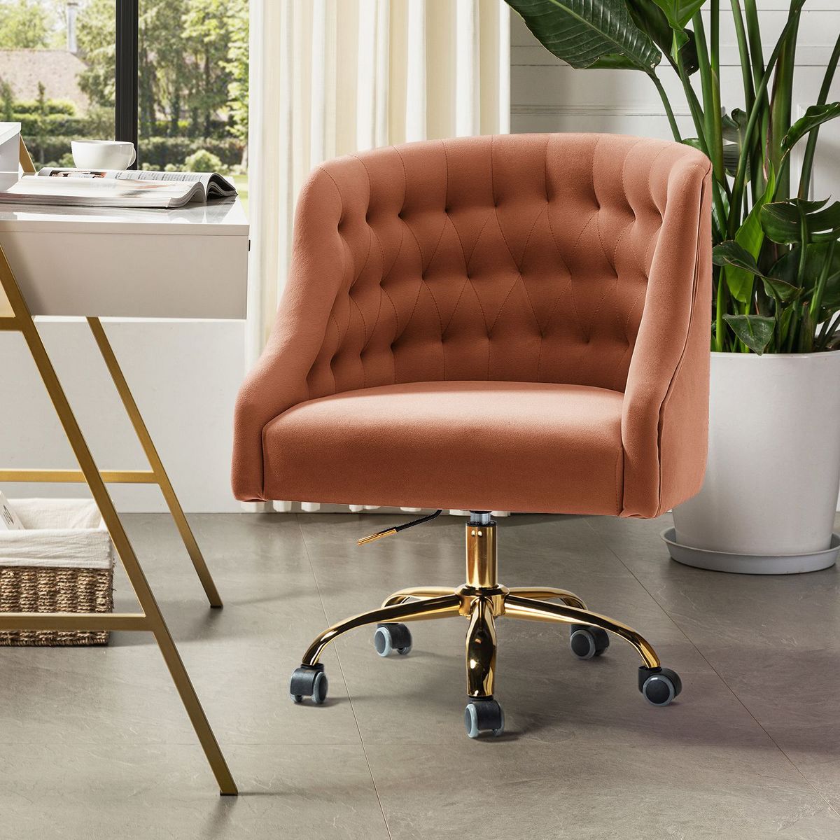 Anika Modern Velvet Height-adjustable Swivel Task Office Chair with Button-tufted Back and Gold Base | Karat Home - Black