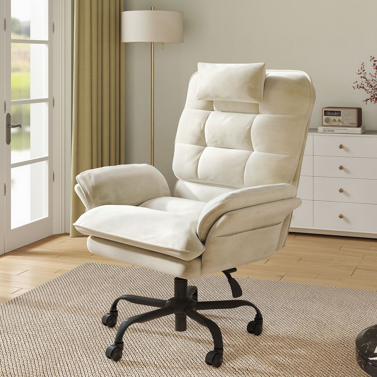 Bestier Big and Tall Executive Office Chair with Flip-Up Arms, Adjustable Height, Reclining Office Chair with Headrest & Side Pockets, Beige