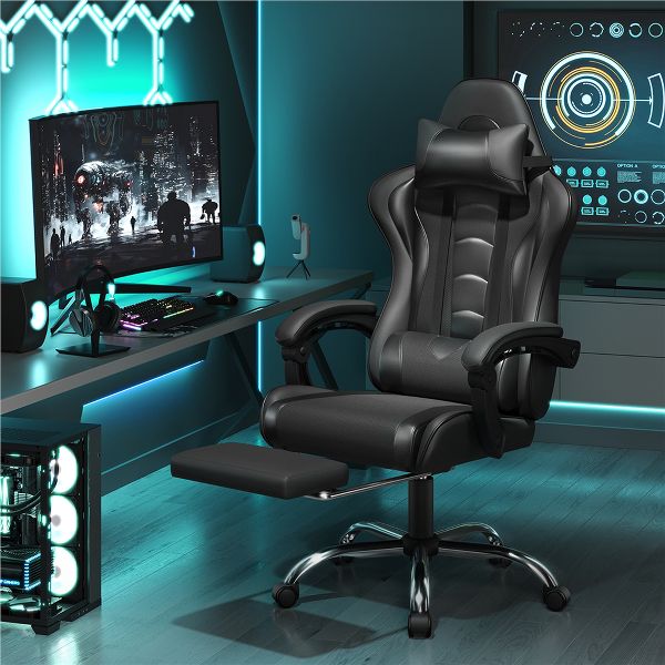 Yaheetech Adjustable Computer Chair with Footrest and Lumbar Support Black