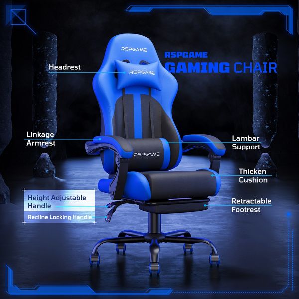RSPGAME Basic Ergonomic Gaming Chairs for Adults, PU Leather Office Chairs with Lumbar Support, Pocket Spring Cushion and Retractable Footrest