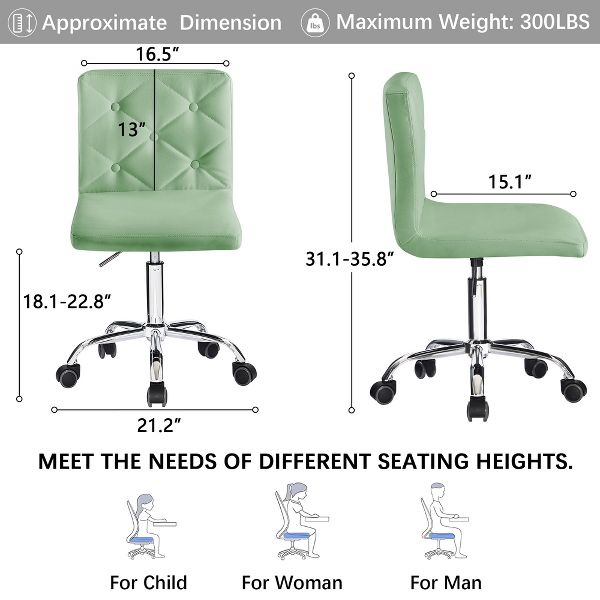 VECELO PU Leather Modern Office Computer Chair with Upholstery and Adjustable Metal Base, Mid-Back Armless Swivel Office Chairs, Green