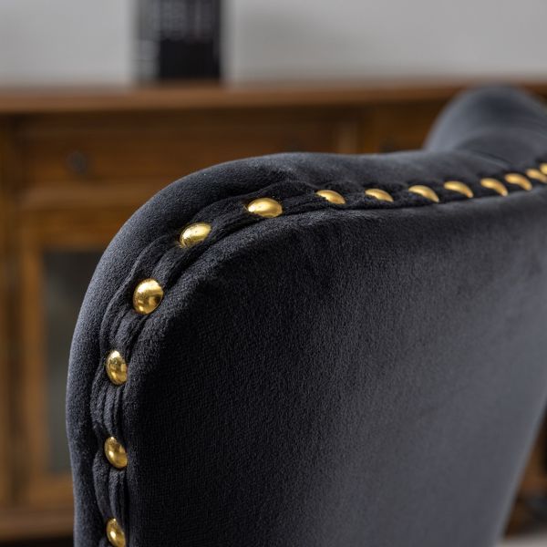 Adjustable Desk Chair Swivel Office Chair, Modern Velvet Upholstered Tufted Button Home Office Chair with Golden Metal Base (Black)