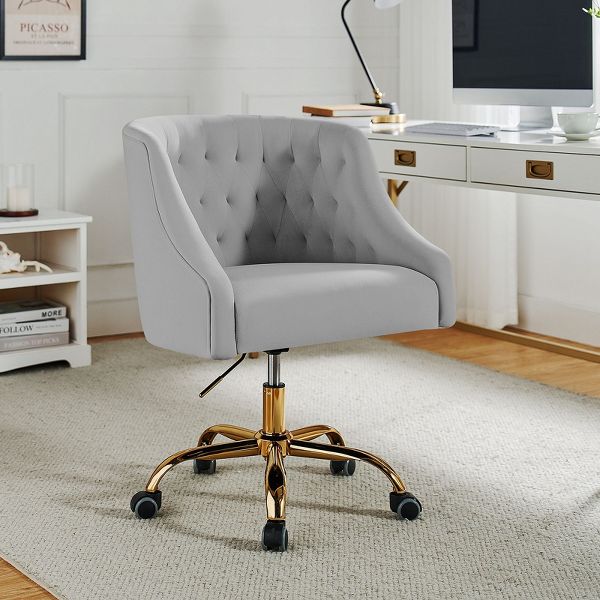 Anika Modern Velvet Height-adjustable Swivel Task Office Chair with Button-tufted Back and Gold Base | Karat Home - Black