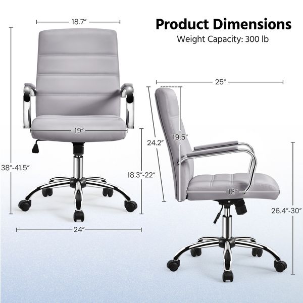 Yaheetech Mid-Back Swivel Office Chair, PU Leather Executive Chair with Adjustable Seat & Chrome Base for Home Office, Light Gray