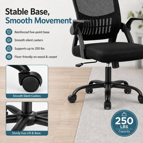 Bestier 23-in W Ergonomic Mesh Office Chair with Breathable Waist Support Adjustable Height for Home Office Study Gaming, Black