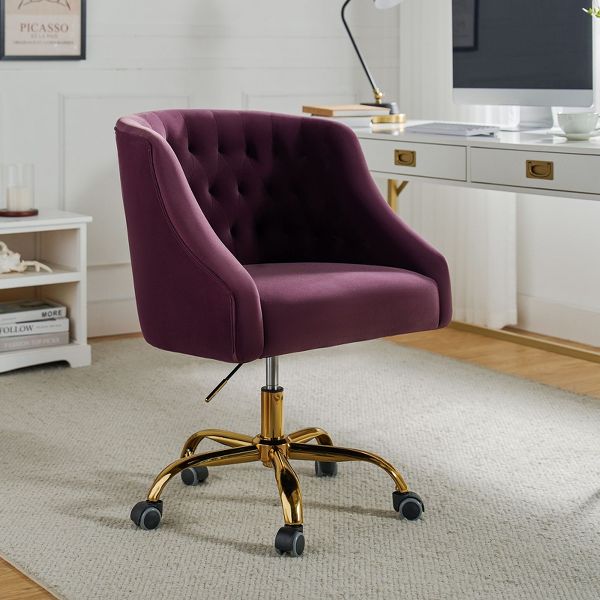 Anika Modern Velvet Height-adjustable Swivel Task Office Chair with Button-tufted Back and Gold Base | Karat Home - Black
