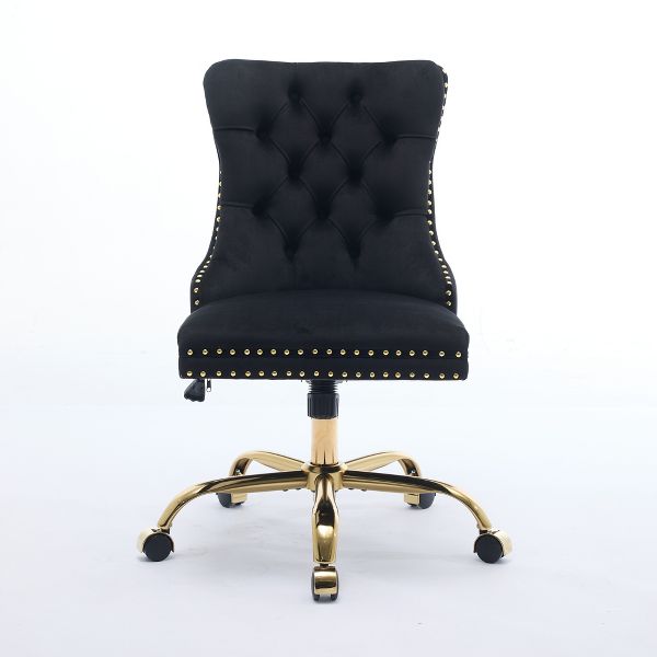 Adjustable Desk Chair Swivel Office Chair, Modern Velvet Upholstered Tufted Button Home Office Chair with Golden Metal Base (Black)