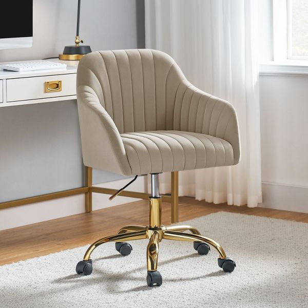 Alex Velvet Height-adjustable Swivel Task Office Chair with Channel-tufted Back and Gold Metal Base | Karat Home - Black