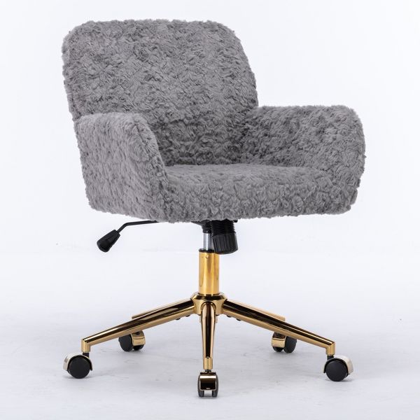Adjustable Faux Fur Office Chair with Gold Base, Swivel Upholstered Desk Chair with Armrests, Gray