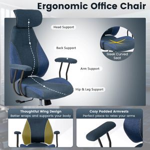 Costway Ergonomic Office Chair with 2D Headrest, Rocking Backrest & Wheels, Gaming Chair Blue