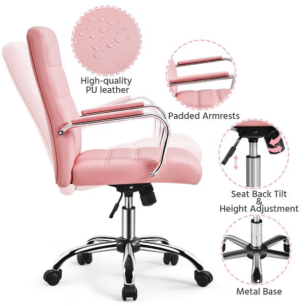 Yaheetech Mid-Back Swivel Office Chair, PU Leather Executive Chair with Adjustable Seat & Chrome Base for Home Office, Light Gray