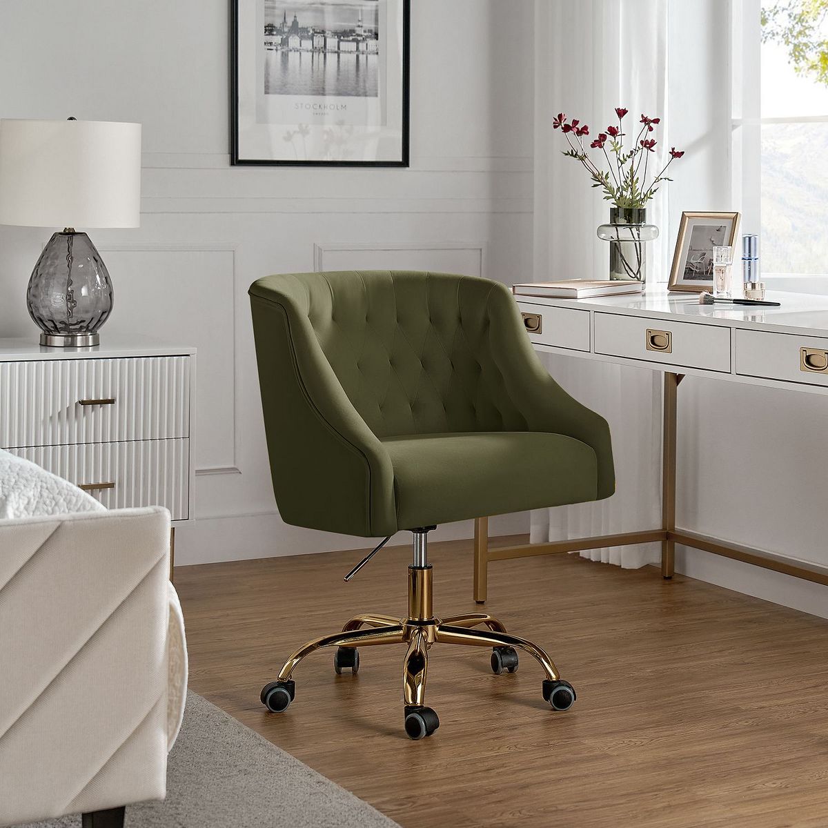 Anika Modern Velvet Height-adjustable Swivel Task Office Chair with Button-tufted Back and Gold Base | Karat Home - Black