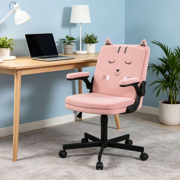 VECELO Cat-Themed Office Chair, Adjustable Height Upholstered Desk Chair with Flip Arms, 360° Swivel Ergonomic Study Chair, Pink