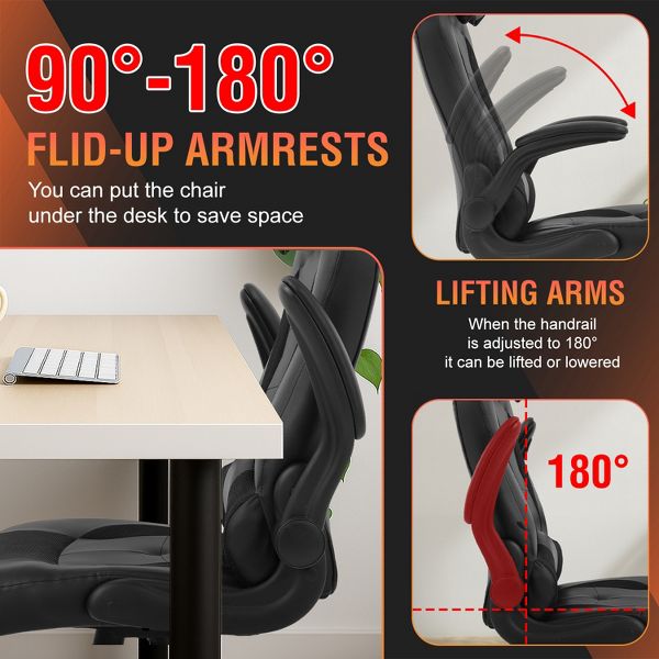 FDW PC Gaming Chair Office Chair Desk Chair with Lumbar Support Flip Up Arms Headrest, Black