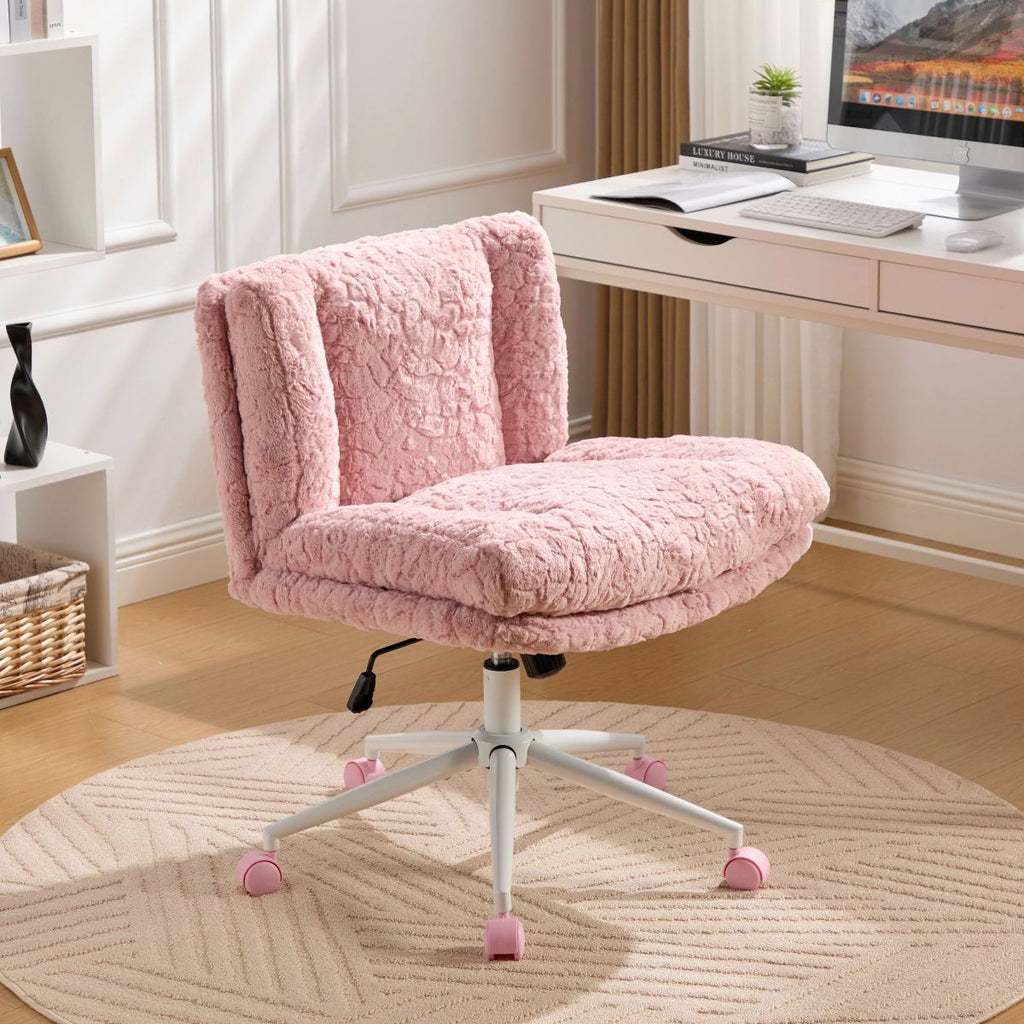 26.4" Wide Faux Fur Office Chair, Adjustable Swivel Desk Chair with Double Cushion, Ergonomic Home Office Chair, Pink