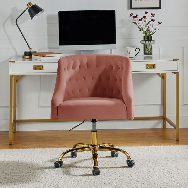 Anika Modern Velvet Height-adjustable Swivel Task Office Chair with Button-tufted Back and Gold Base | Karat Home - Black