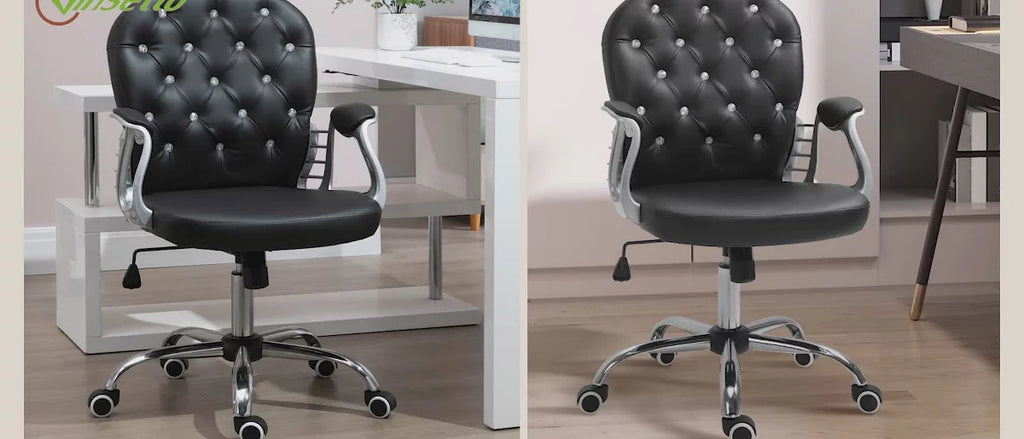 Vinsetto Vanity PU Leather Mid Back Office Chair Swivel Tufted Backrest Task Chair with Padded Armrests, Adjustable Height, Rolling Wheels, Black