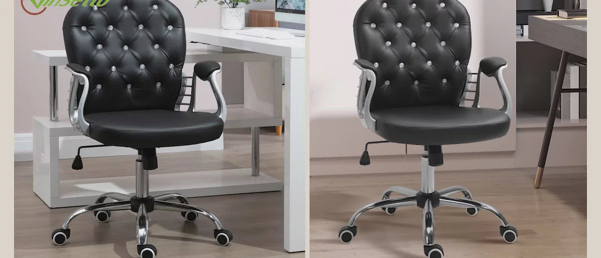 Vinsetto Vanity PU Leather Mid Back Office Chair Swivel Tufted Backrest Task Chair with Padded Armrests, Adjustable Height, Rolling Wheels, Black