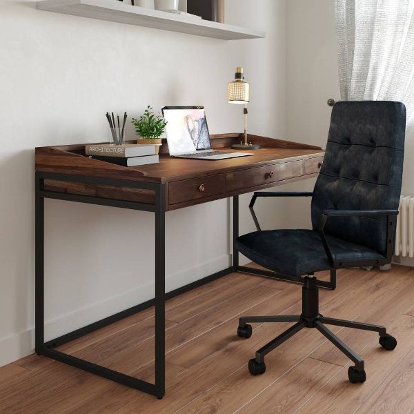 Parks Swivel Office Chair Distressed Blue - WyndenHall: Adjustable, Tufted, Mobile, Matte Black Finish