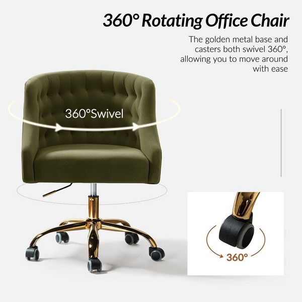 Anika Modern Velvet Height-adjustable Swivel Task Office Chair with Button-tufted Back and Gold Base | Karat Home - Black