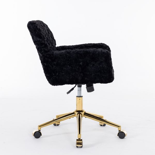 Adjustable Faux Fur Office Chair with Gold Base, Swivel Upholstered Desk Chair with Armrests, Black