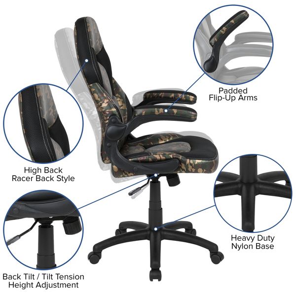 Flash Furniture X10 Gaming Chair, Racing Ergonomic Office Chair, Height Adjustable Swivel Computer Chair w/ Flip-Up Arms, Camouflage/Black LeatherSoft