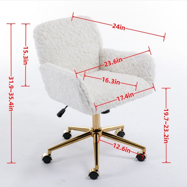 Artificial Alpaca Wool Office Chair with Golden Metal Base, Adjustable Desk Chair Swivel, Reclines 40¡ã, Larger 320 mm Base, Wider and Deeper Seat