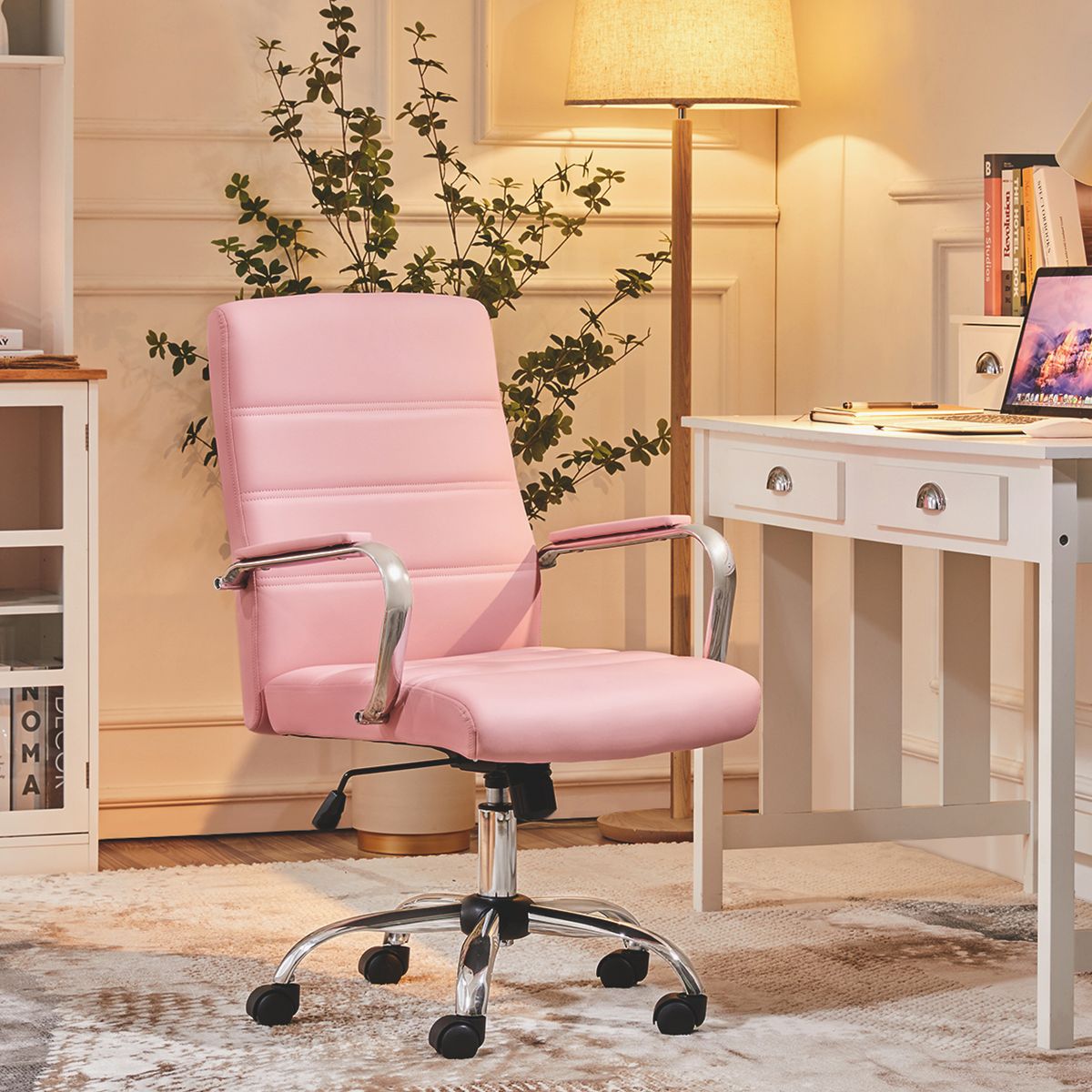 Yaheetech Mid-Back Swivel Office Chair, PU Leather Executive Chair with Adjustable Seat & Chrome Base for Home Office, Light Gray