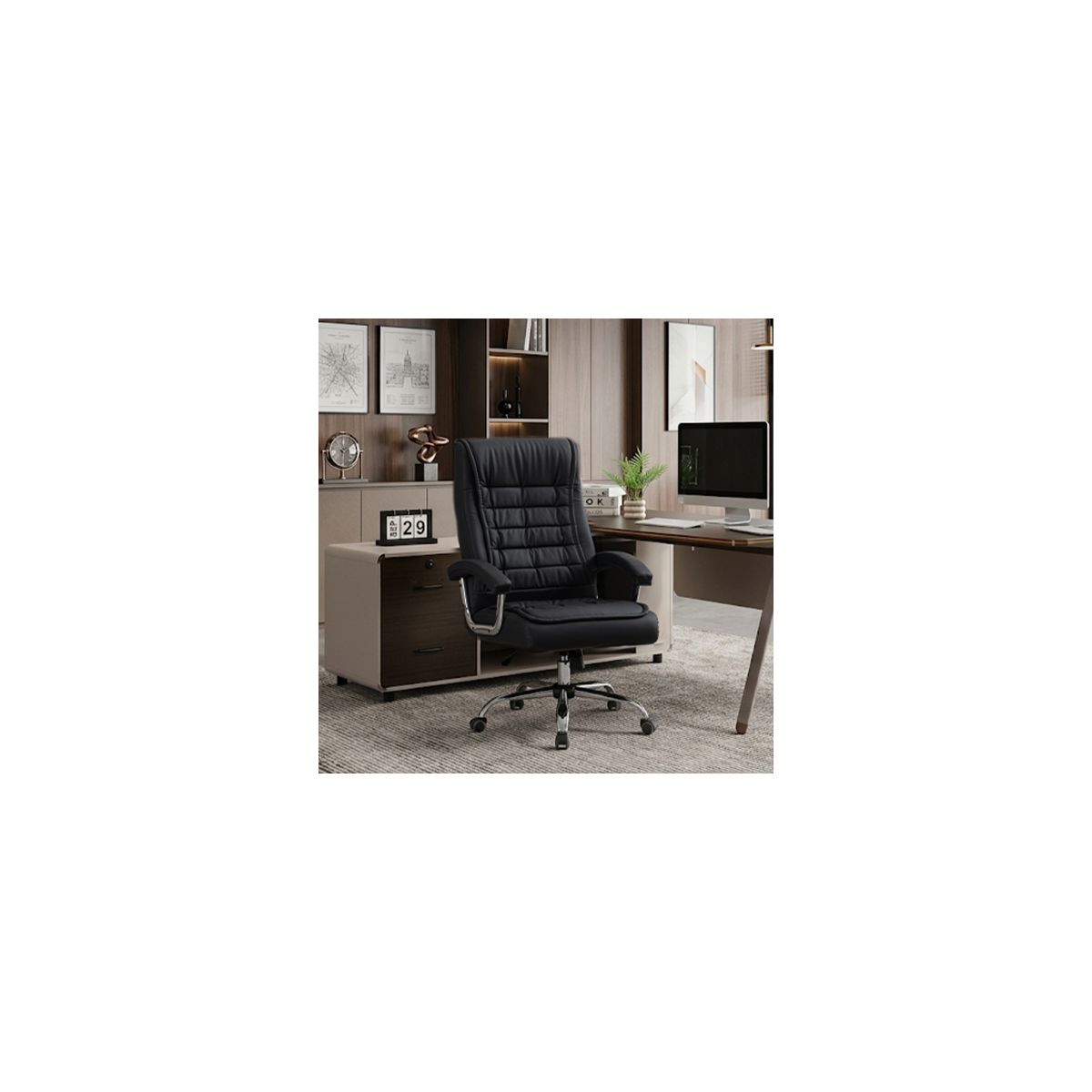 Black Executive Office Chair, High Back PU Leather Swivel Desk Chair with Spring Cushion, Chrome Armrests and 350 lb Capacity