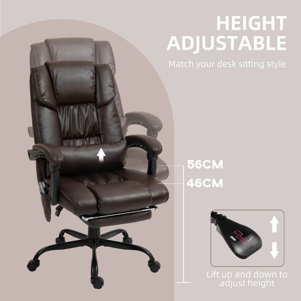 Vinsetto High Back Vibration Massage Office Chair with 6 Points, Height Adjustable Reclining Office Chair with Retractable Footrest and Remote, Brown