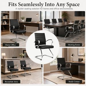 LeisureMod Benmar Modern Leather Office Chair - Ergonomic Sled Base Desk Chair with Fixed Armrests & Sturdy Steel Frame for Home or Executive Office