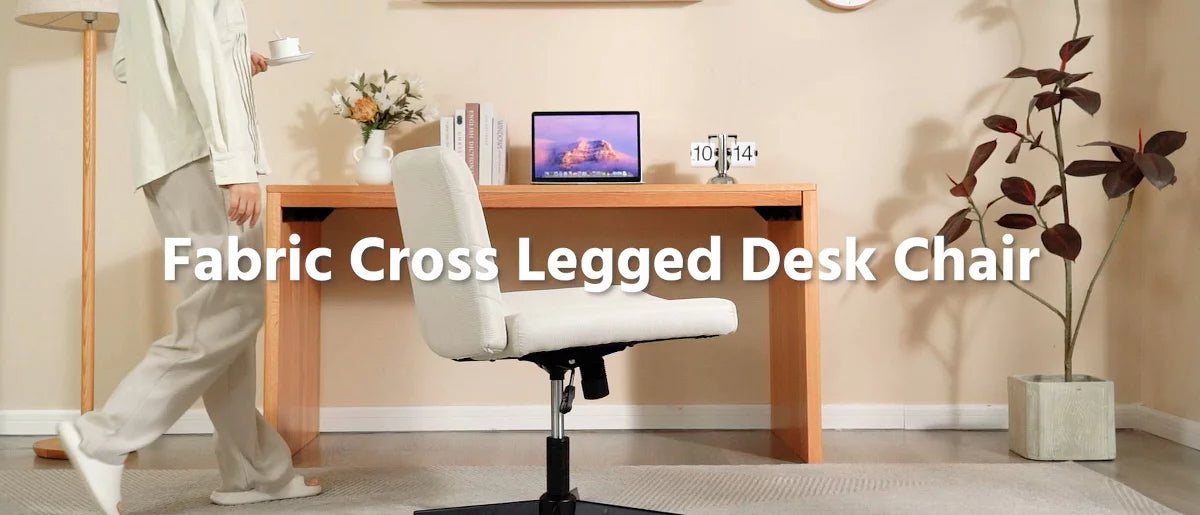 Yaheetech 32.5"H Boucle Swivel Armless Desk Chair, Cross-Legged Rolling Chair for Office, Bedroom & Vanity, Beige